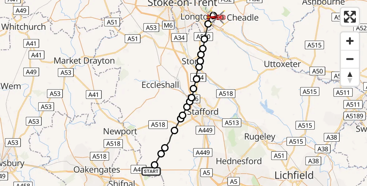 Flight path map showing Air Ambulance Helicopter route from Weston under Lizard to Caverswall