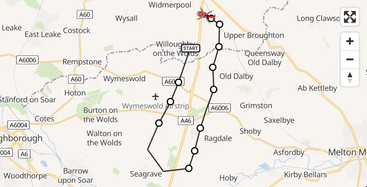 Flight path map showing Air Ambulance Helicopter route from Willoughby on the Wolds to Nottingham Heliport