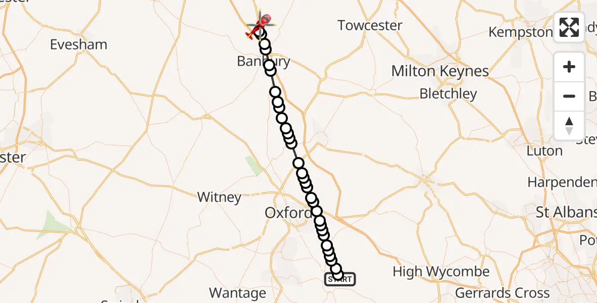 Flight path map showing Air Ambulance Helicopter route from RAF Benson to Mollington