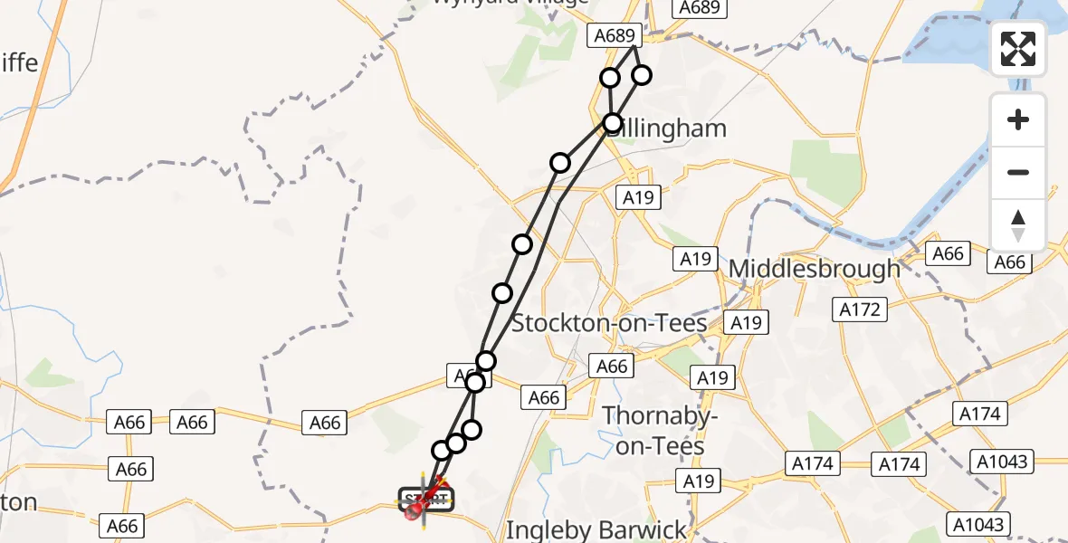 Flight path map showing Air Ambulance Helicopter route from Egglescliffe to Egglescliffe