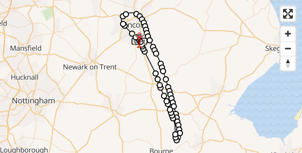 Flight path map showing Air Ambulance Helicopter route from RAF Waddington to North Kesteven