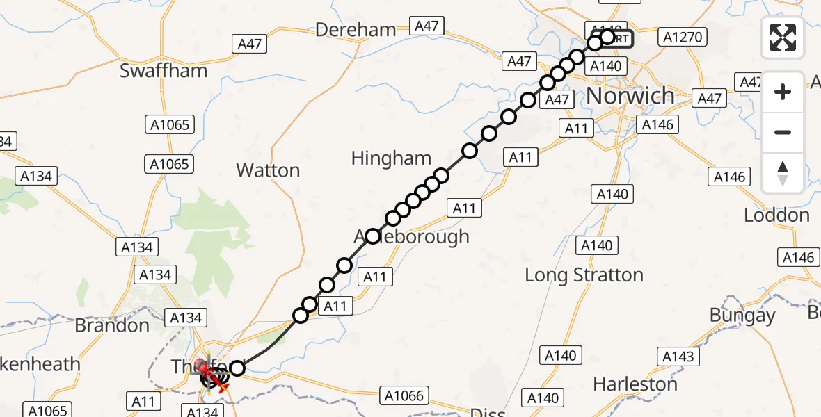 Flight path map showing Air Ambulance Helicopter route from Norwich Airport to Thetford