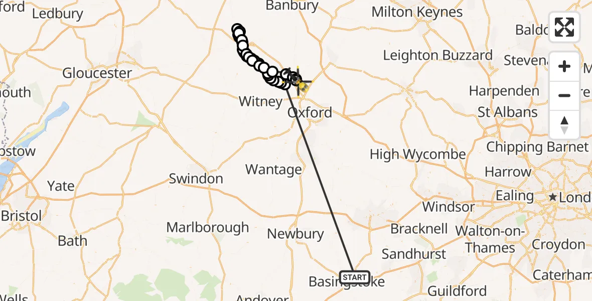 Flight path map showing Police Helicopter route from Basingstoke to London Oxford Airport
