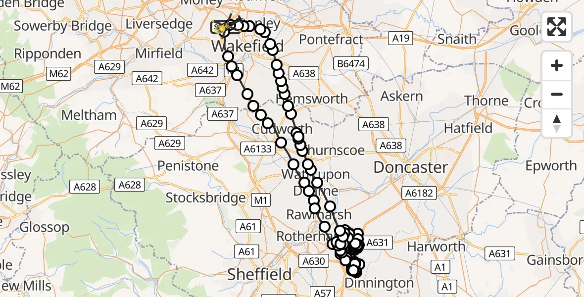 Flight path map showing Police Helicopter route from East Ardsley to East Ardsley