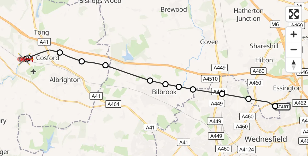 Flight path map showing Air Ambulance Helicopter route from Essington to Cosford