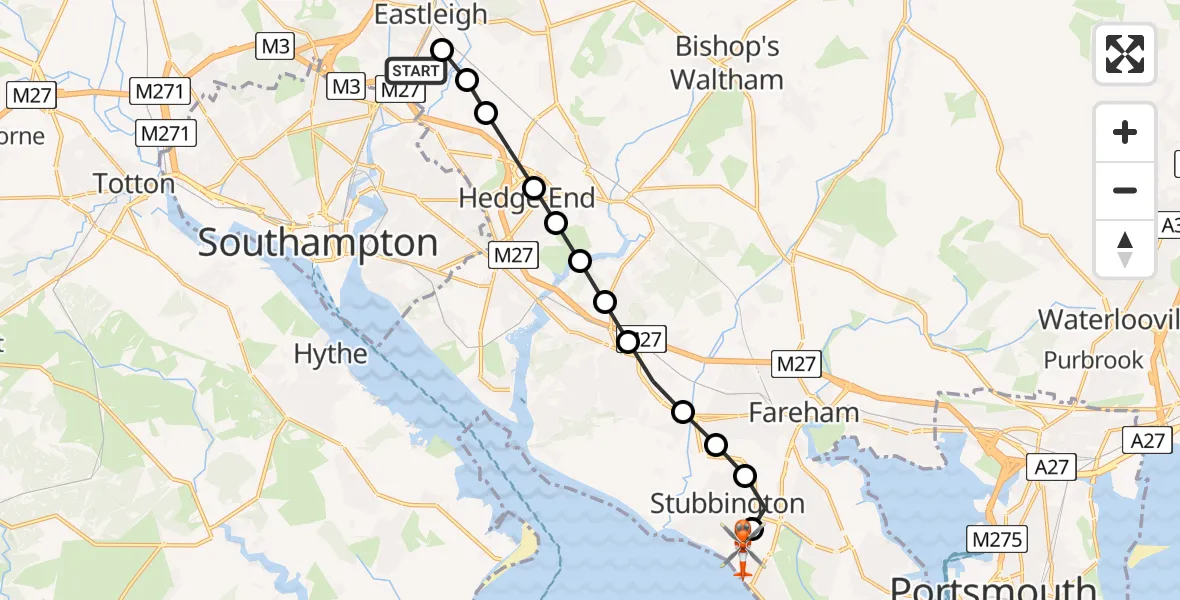 Flight path map showing Coastguard Helicopter route from Southampton Airport to Solent Airport