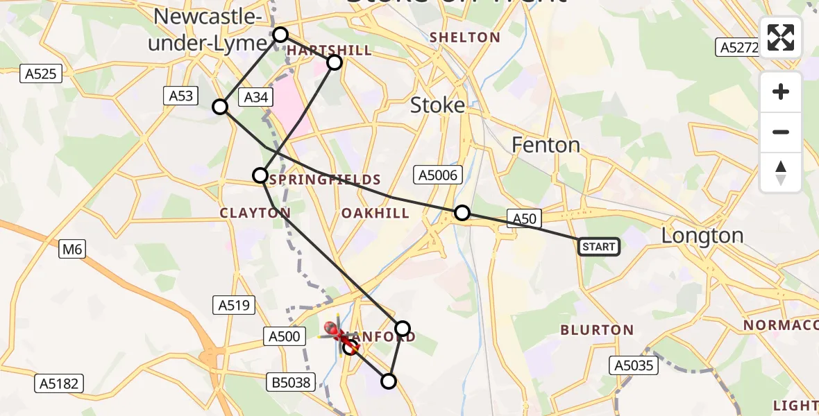 Flight path map showing Air Ambulance Helicopter route from Fenton to Stoke