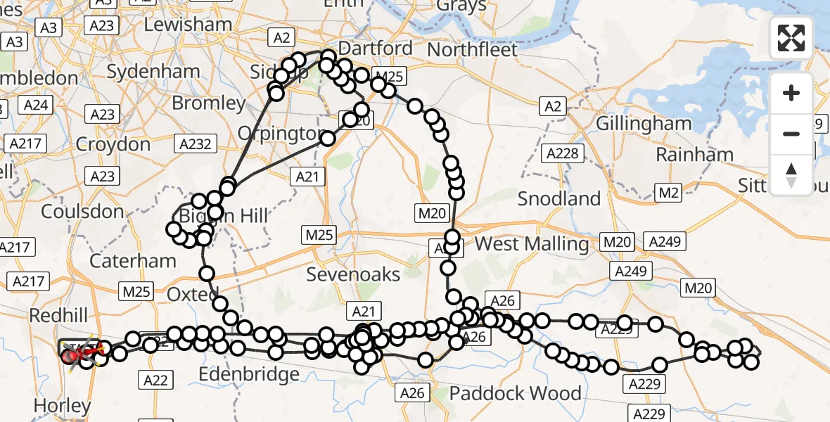 Flight path map showing Air Ambulance Helicopter route from Redhill Aerodrome to Tandridge