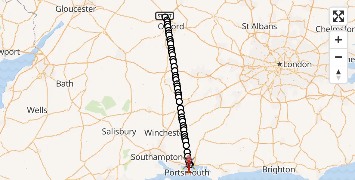 Flight path map showing Air Ambulance Helicopter route from Begbroke to Queen Alexandra Hospital