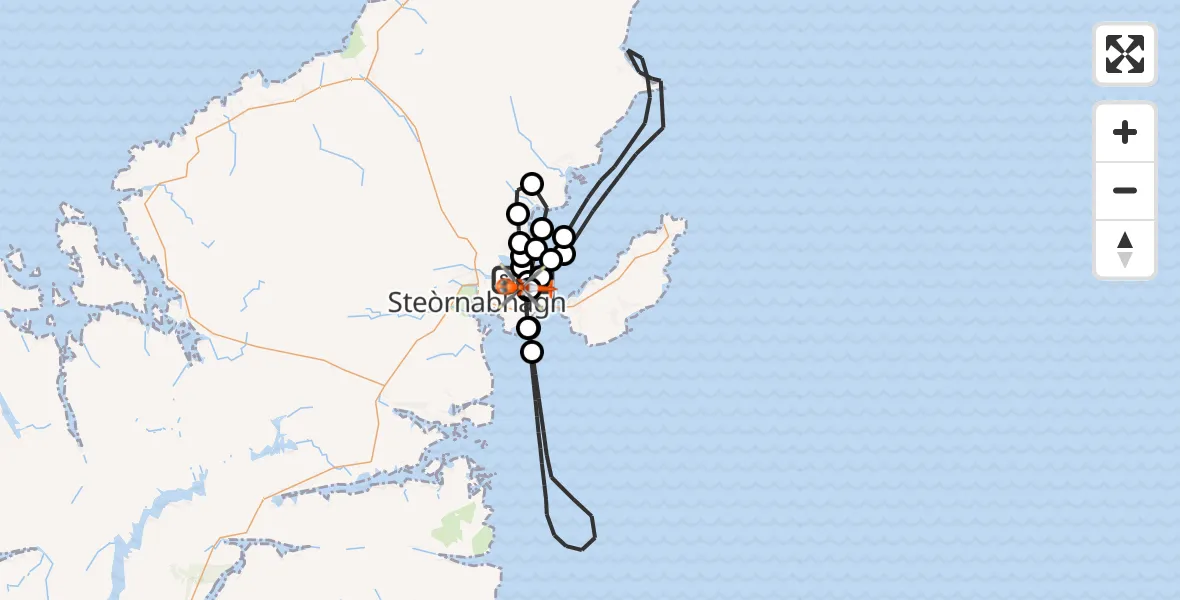 Flight path map showing Coastguard Helicopter route from Stornoway Airport to Stornoway Airport