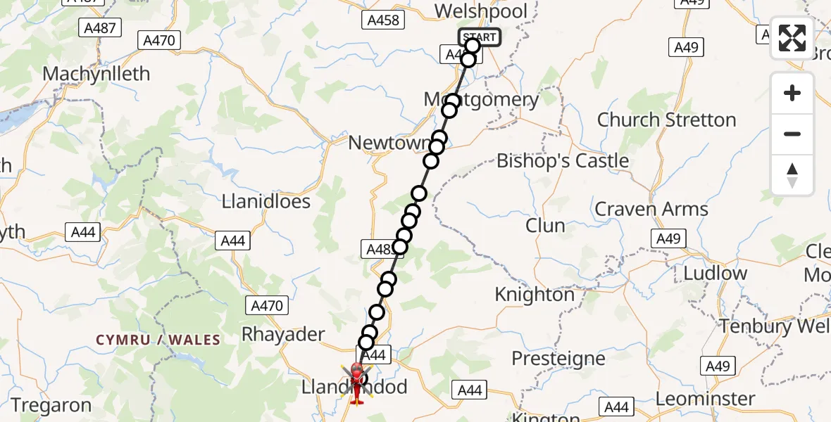 Flight path map showing Air Ambulance Helicopter route from Welshpool Airport to Llandrindod