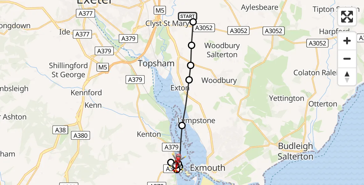 Flight path map showing Air Ambulance Helicopter route from Clyst St Mary to Starcross