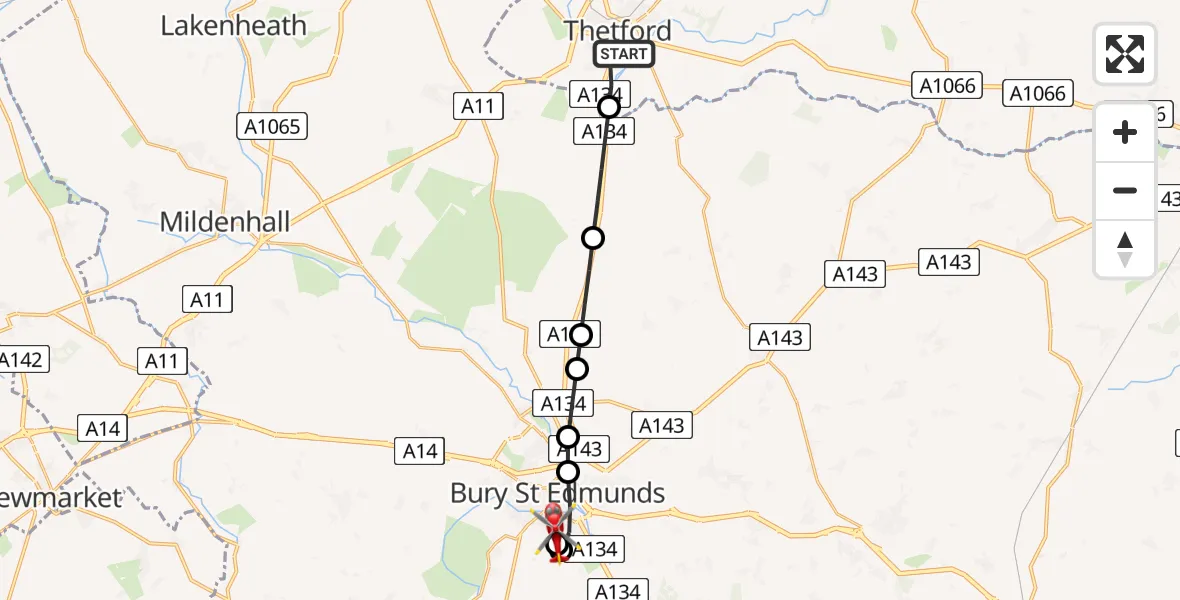 Flight path map showing Air Ambulance Helicopter route from Thetford to West Suffolk Hospital