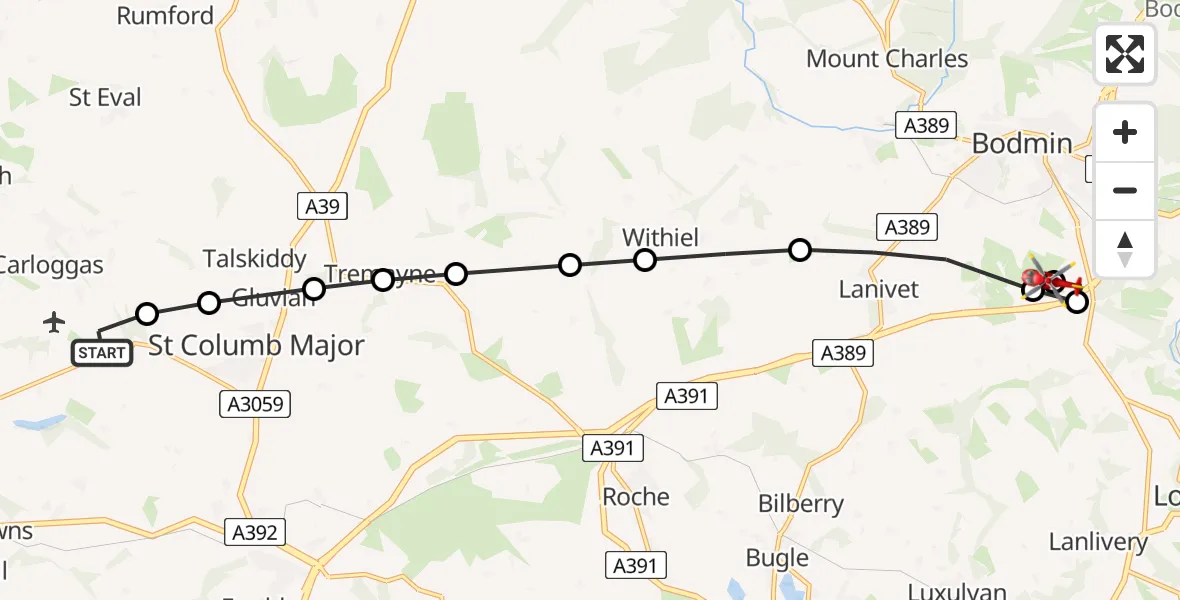 Flight path map showing Air Ambulance Helicopter route from Cornwall Airport Newquay to Bodmin