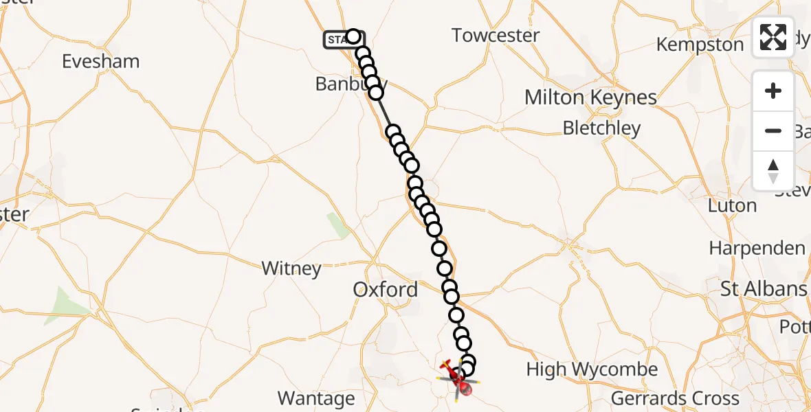 Flight path map showing Air Ambulance Helicopter route from Mollington to RAF Benson
