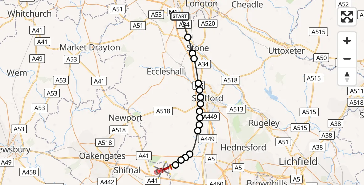 Routekaart van de vlucht: Air Ambulance Helicopter to Cosford, Shackerley Lane