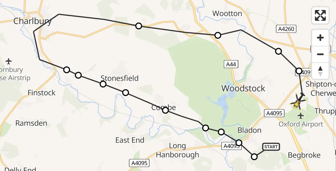 Flight path map showing Police Helicopter route from Bladon to London Oxford Airport