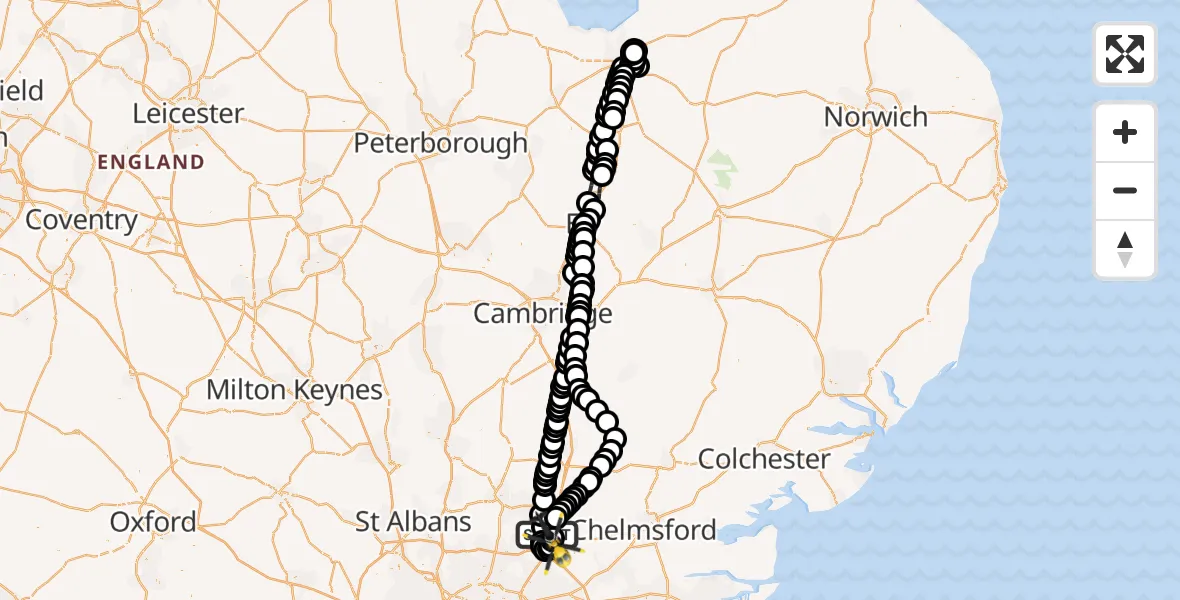 Flight path map showing Police Helicopter route from North Weald Bassett to North Weald Airfield
