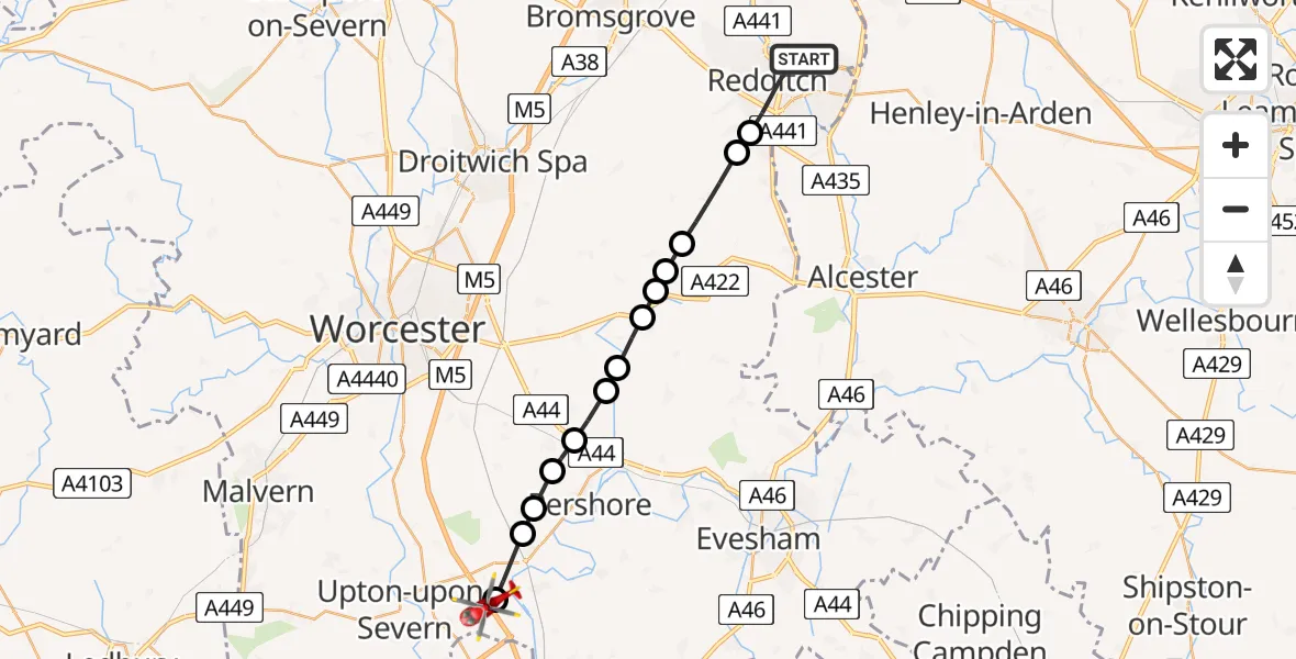 Flight path map showing Air Ambulance Helicopter route from Redditch to Kinnersley