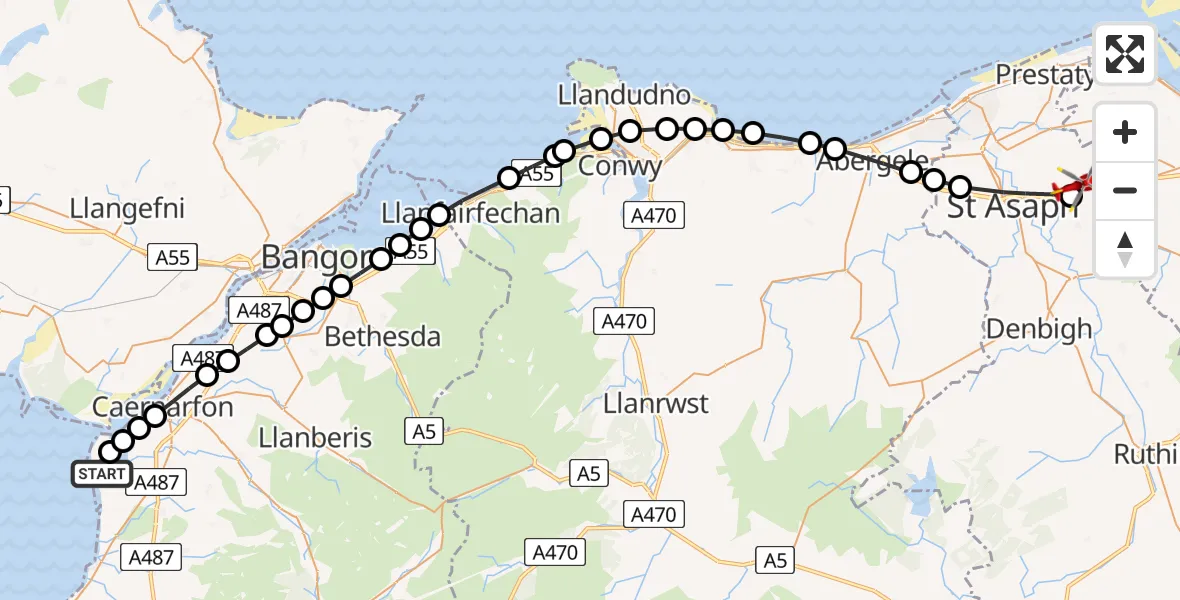 Flight path map showing Air Ambulance Helicopter route from Caernarfon Airport to Rhuallt