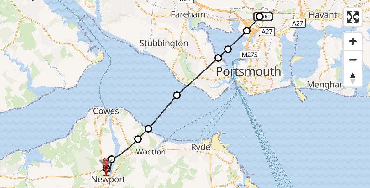 Flight path map showing Air Ambulance Helicopter route from Queen Alexandra Hospital to St Marys Hospital Isle Of Wight
