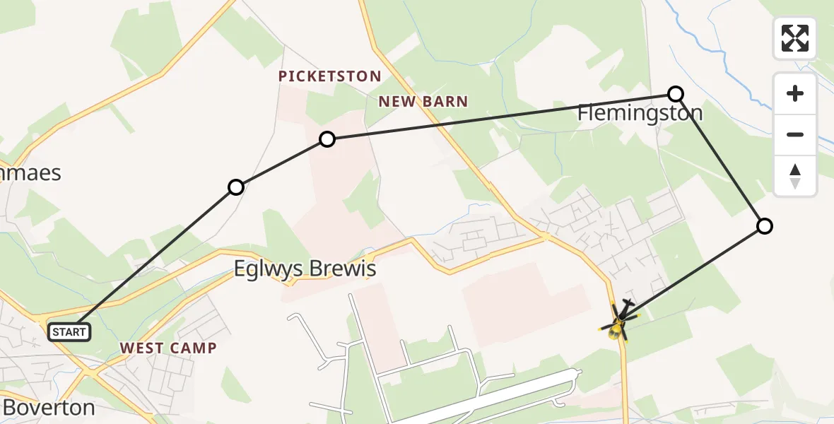 Flight path map showing Police Helicopter route from Boverton to MOD St Athan