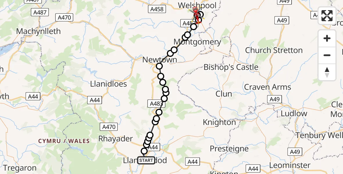 Flight path map showing Air Ambulance Helicopter route from Llandrindod to Welshpool Airport