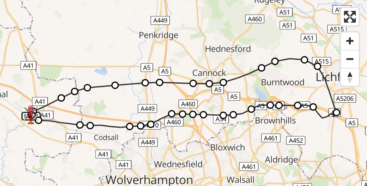 Flight path map showing Air Ambulance Helicopter route from RAF Cosford to Cosford