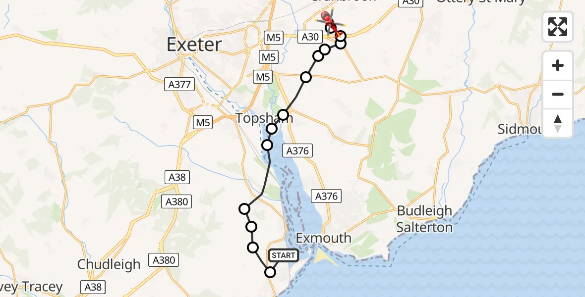 Flight path map showing Air Ambulance Helicopter route from Cockwood to Exeter International Airport
