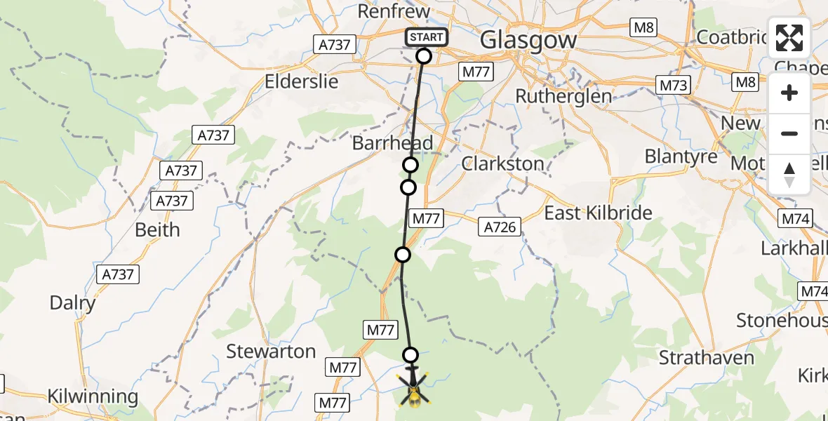 Flight path map showing Police Helicopter route from Renfrew to Waterside