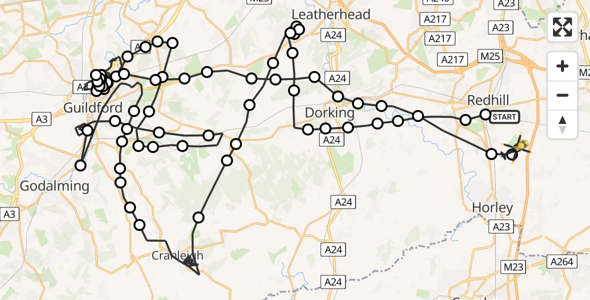 Flight path map showing Police Helicopter route from South Nutfield to Tandridge