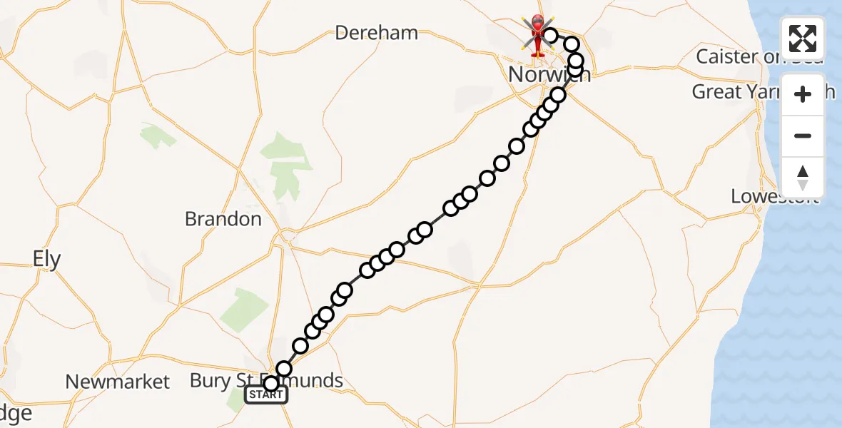 Flight path map showing Air Ambulance Helicopter route from West Suffolk Hospital to Norwich Airport