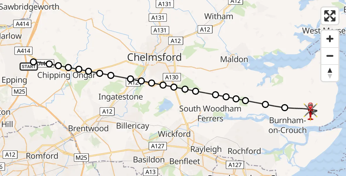 Flight path map showing Air Ambulance Helicopter route from North Weald Airfield to Southminster