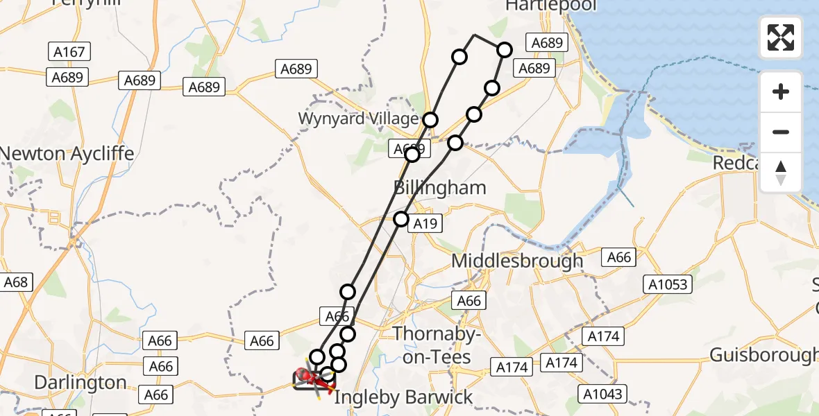 Flight path map showing Air Ambulance Helicopter route from Egglescliffe to Egglescliffe