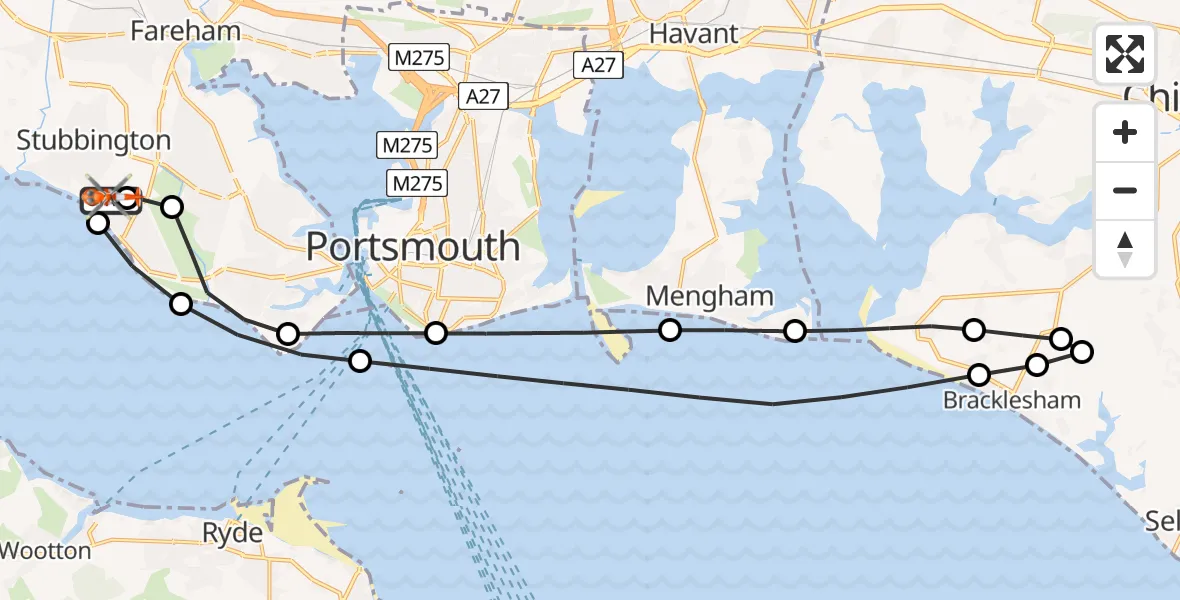 Flight path map showing Coastguard Helicopter route from Solent Airport to Solent Airport