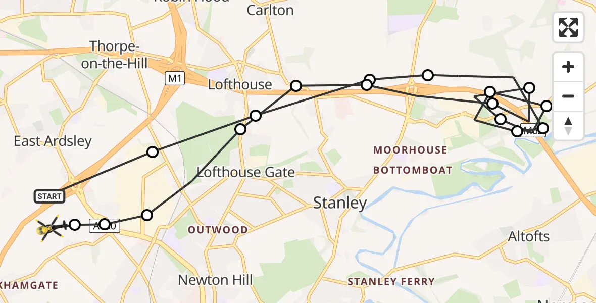Flight path map showing Police Helicopter route from East Ardsley to East Ardsley