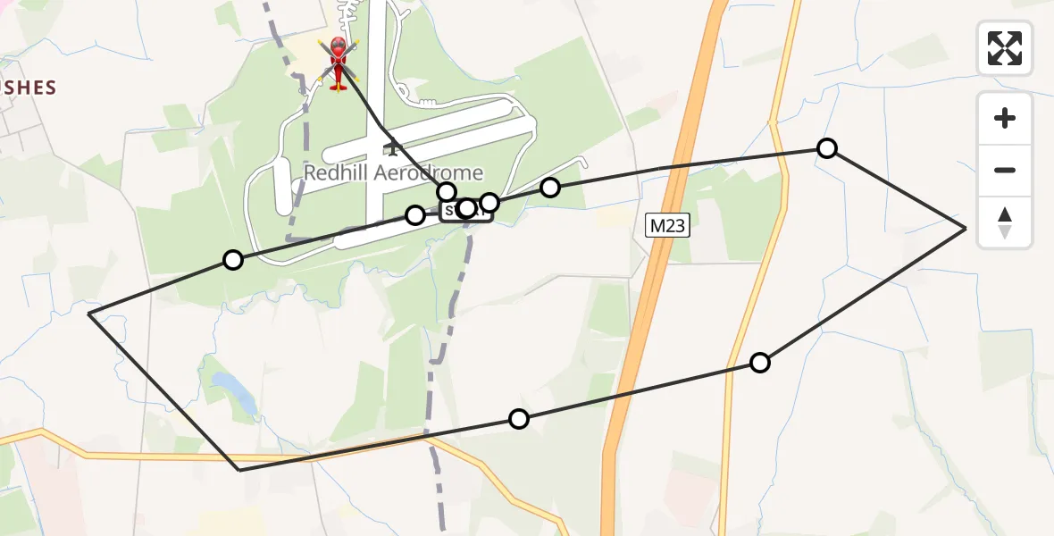 Flight path map showing Air Ambulance Helicopter route from Redhill Aerodrome to Redhill Aerodrome