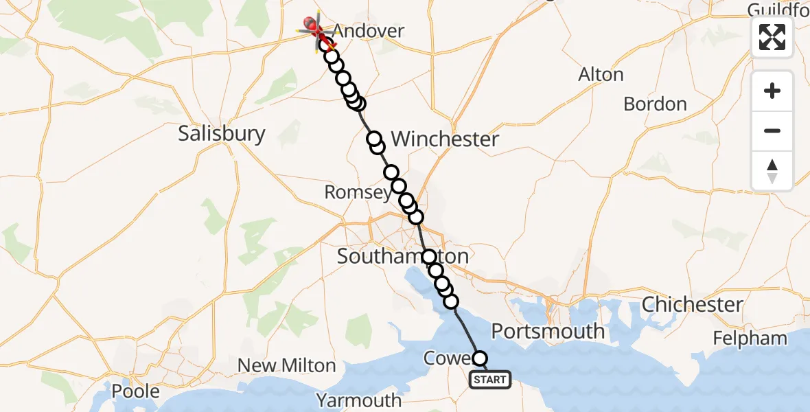 Flight path map showing Air Ambulance Helicopter route from Wootton Bridge to Thruxton