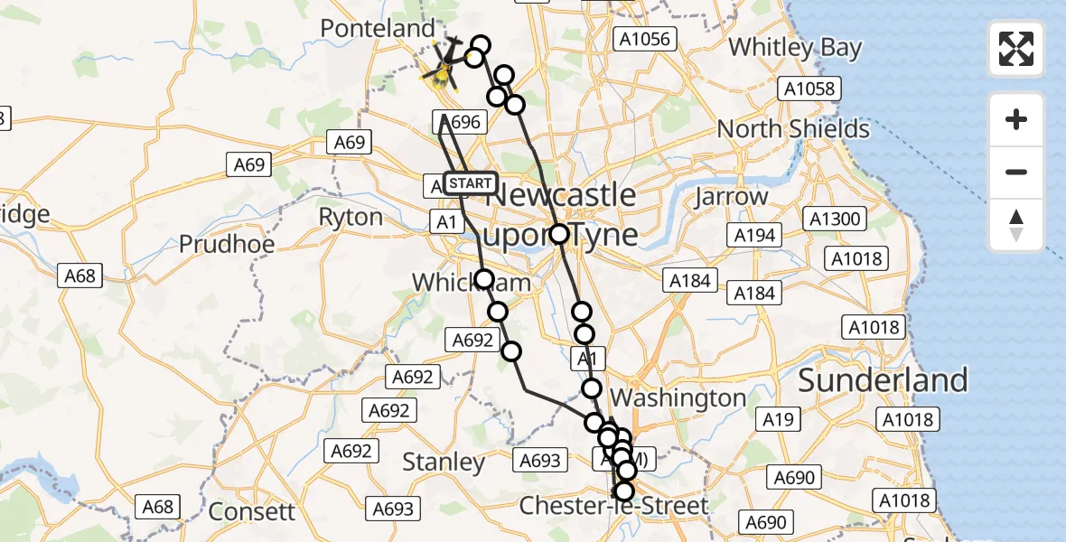 Routekaart van de vlucht: Police Helicopter to Newcastle International Airport