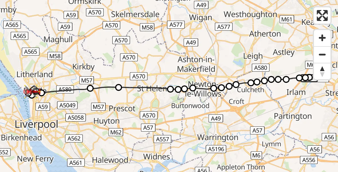 Flight path map showing Air Ambulance Helicopter route from Manchester Barton Aerodrome to Sefton