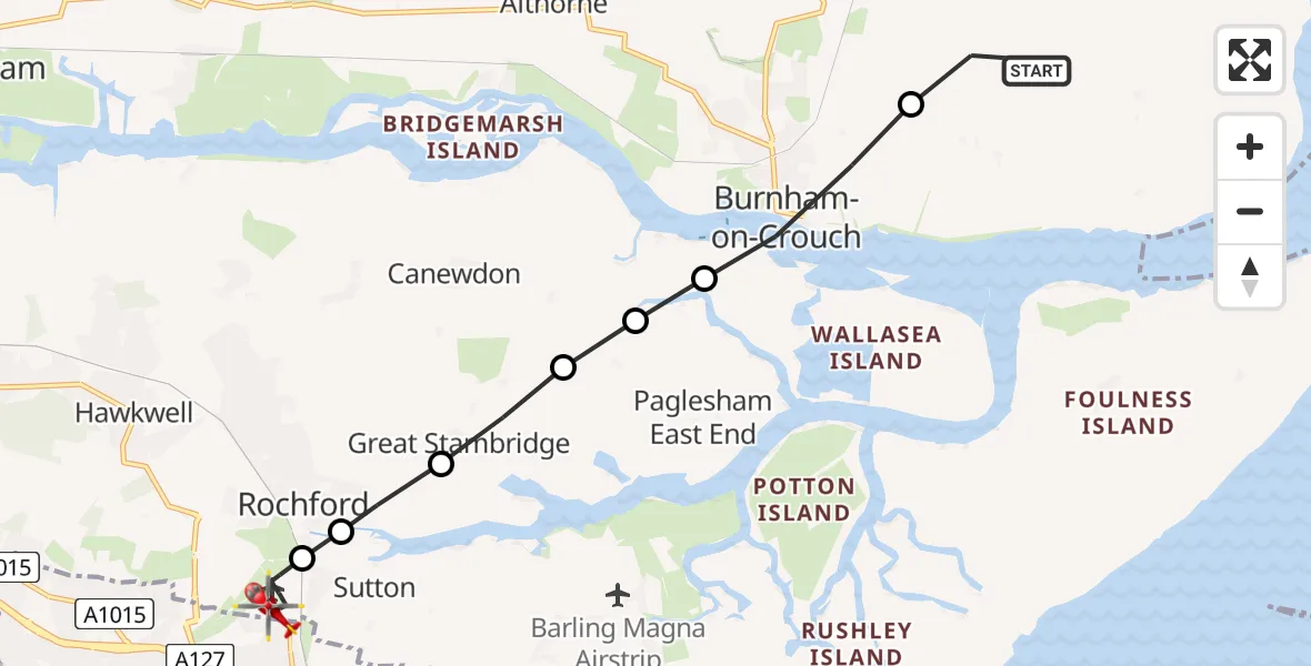 Flight path map showing Air Ambulance Helicopter route from Southminster to London Southend Airport