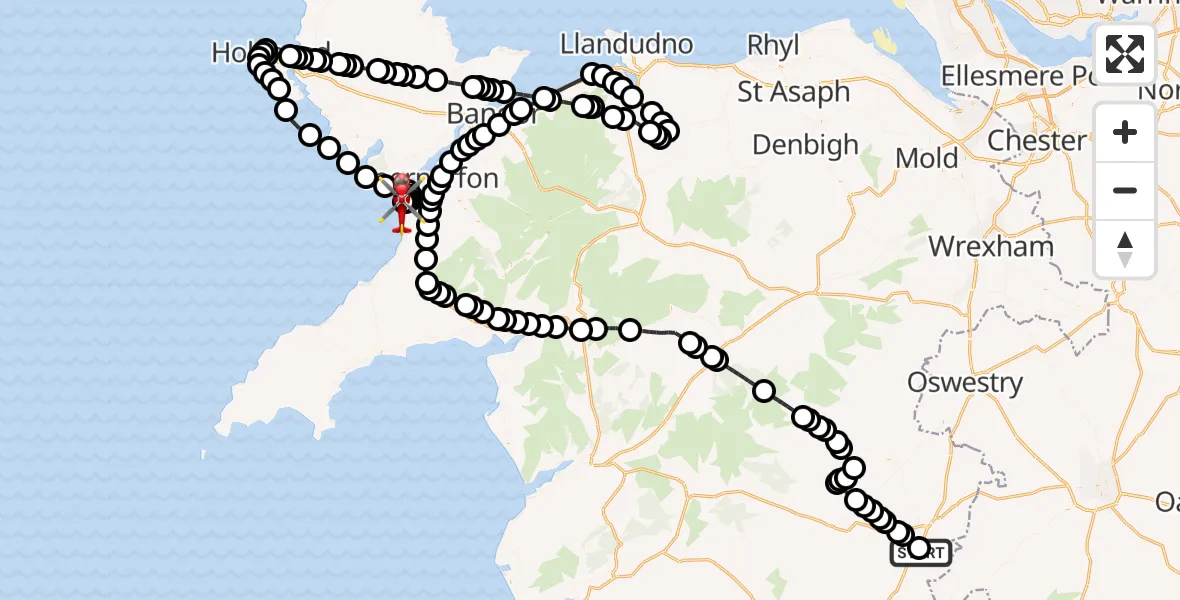 Flight path map showing Air Ambulance Helicopter route from Welshpool Airport to Caernarfon Airport