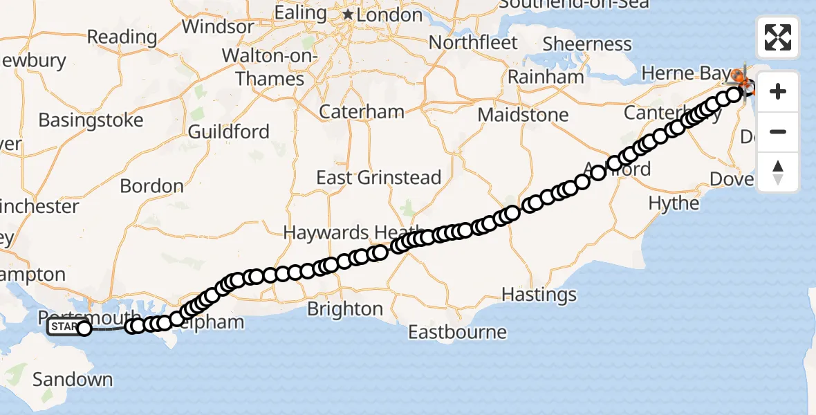 Flight path map showing Coastguard Helicopter route from Gosport to Manston Airport