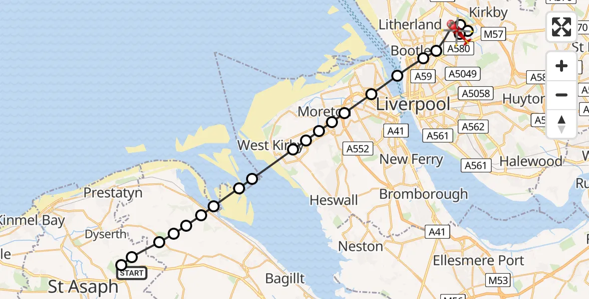 Flight path map showing Air Ambulance Helicopter route from Rhuallt to Aintree University Hospital Heliport