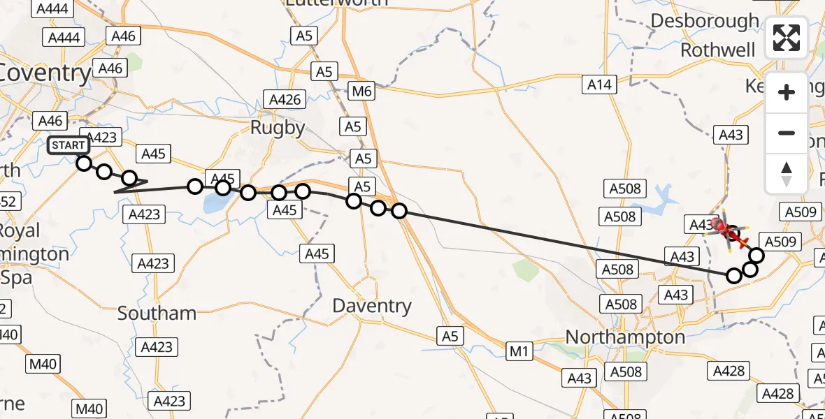 Flight path map showing Air Ambulance Helicopter route from Coventry Airport to Sywell Aerodrome