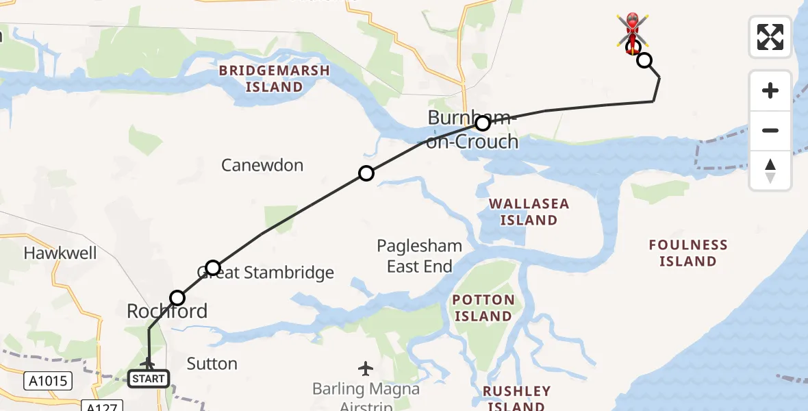 Flight path map showing Air Ambulance Helicopter route from London Southend Airport to Southminster