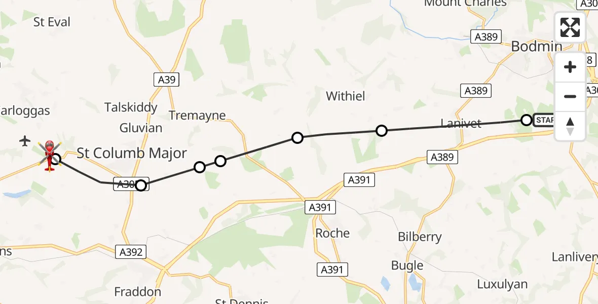 Flight path map showing Air Ambulance Helicopter route from Bodmin to Cornwall Airport Newquay
