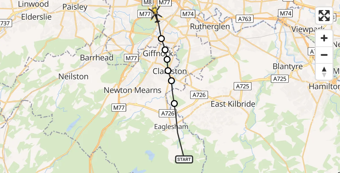 Flight path map showing Police Helicopter route from Eaglesham to Glasgow