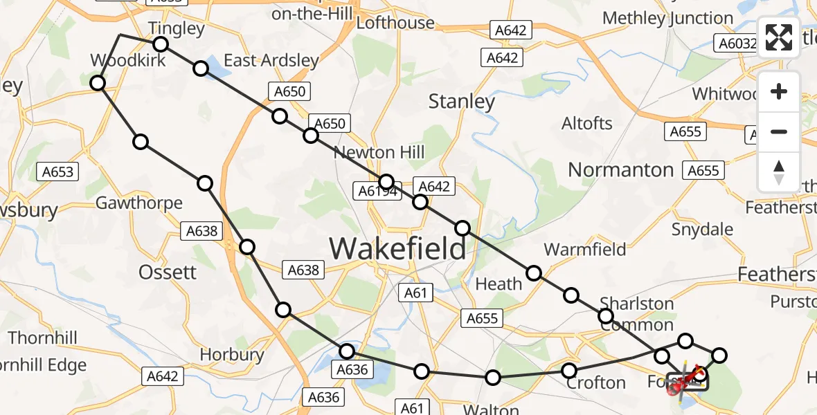 Flight path map showing Air Ambulance Helicopter route from YAA Nostell Helicopter Port to YAA Nostell Helicopter Port
