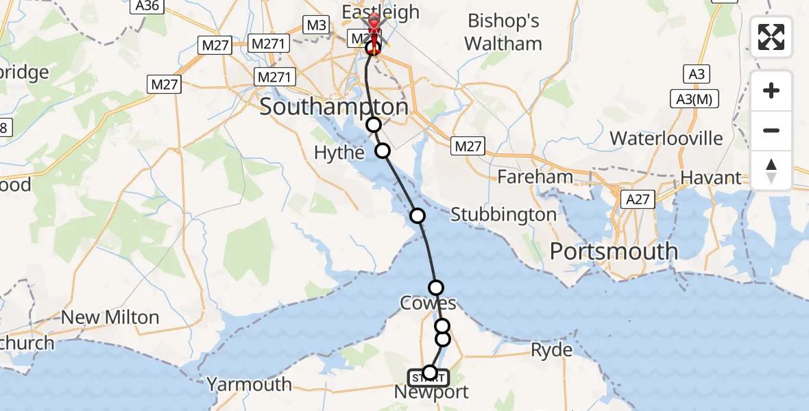 Flight path map showing Air Ambulance Helicopter route from St Marys Hospital Isle Of Wight to Southampton Airport